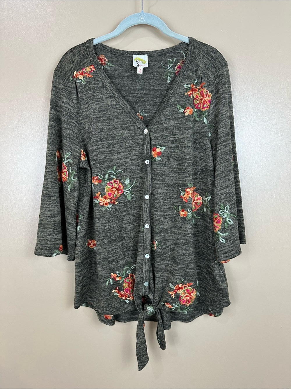 Anthropologie Fig & Flower 1X Floral Embroidered Green Tie Front Cardigan Boho